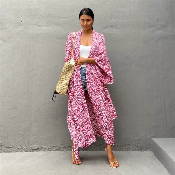 Leopard print polka dot print floor-length thin trench coat belt coat - Picture 3 of 3